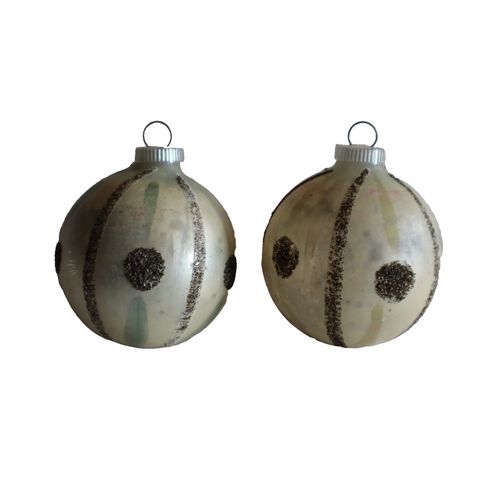 Lot 2 Vintage DBGM 2.5" Christmas Ornaments Striped Silver Glitter West Germany